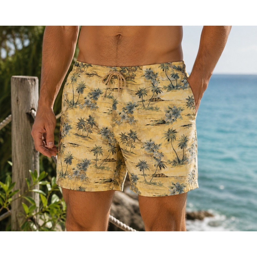 Tommy Bahama Mens XL Swim Trunks Yellow Tropical Palm Tree Floral Nylon Shorts